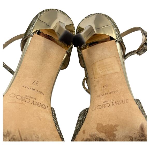 Jimmy Choo Lang Glitter Strappy Heeled Sandals Gold Silver Size 37 US 7 - Picture 9 of 10